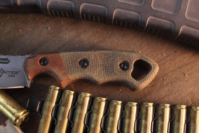 TOPS Viking Tactics Patriot 3" Fixed Blade / Green &amp; Tan Micarta / Tungsten Cerakote 1095 ( Pre owned )