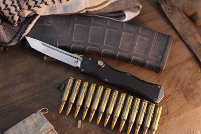 Microtech Marfione Select Halo IV T/E 3.875" Singe Action Button Lock Auto / Black Aluminum / Stonewashed M390MK
