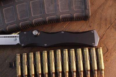 Microtech Marfione Select Halo IV T/E 3.875" Singe Action Button Lock Auto / Black Aluminum / Stonewashed M390MK