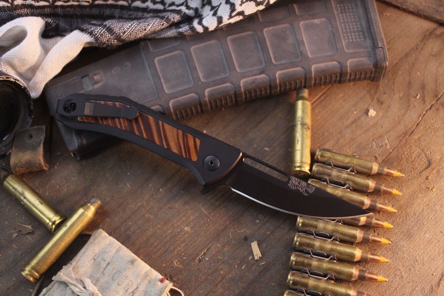 Half Face Blade Kwaiken 3.2" Button lock Flipper / Monolithic Black Titanium &amp; Koa Wood Inlay / Black Nitride S45VN