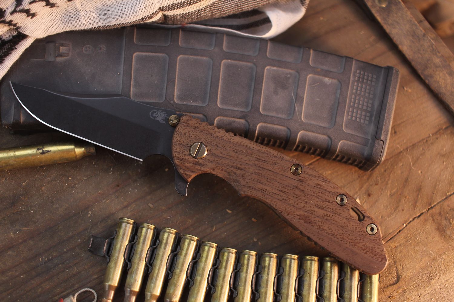 Hinderer Knives XM-24 Skinny Bowie 4" Framelock Flipper /  Walnut &amp; Vintage Bronzed Titanium / Battle Black 1095 ( Pre Owned )
