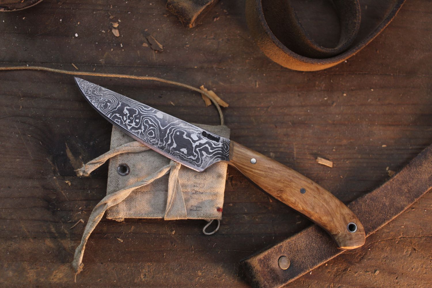 Mark Couch Utility  4” Fixed Blade / Birch / Alaskan Forged Damascus