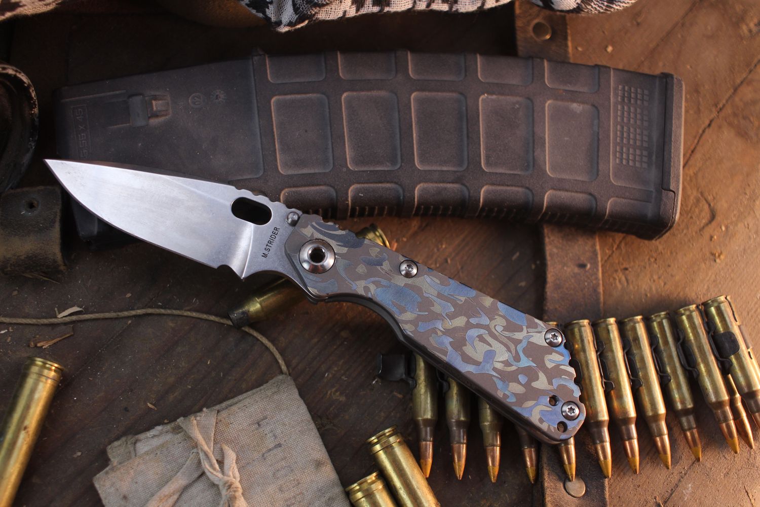 M. Strider Custom SNG 3.5" Framelock Folder / Digi Hurricane Anodized &amp; Lasered Titanium / Stonewashed S30V ( Pre Owned )