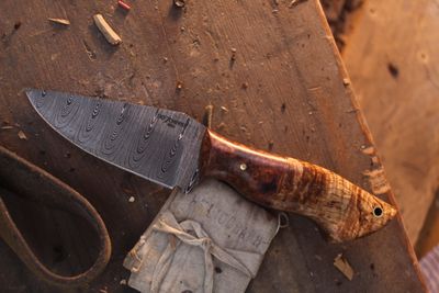 907knives Nelchina Hunter 3.75" Fixed Blade / Amboya &amp; Birch Burl / 1095 &amp; 15N20 Damascus