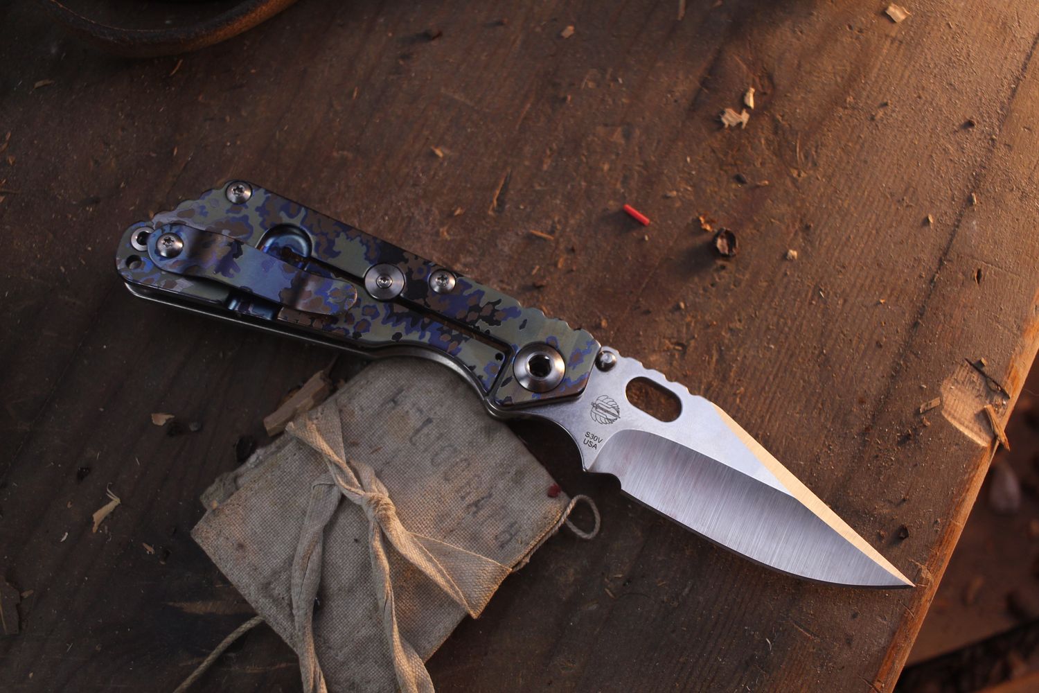 Strider Knives SnG Clip Point 3.52" Framelock Folder / Partizan Camo Anodized Titanium / Stonewashed S30V ( Pre Owned )