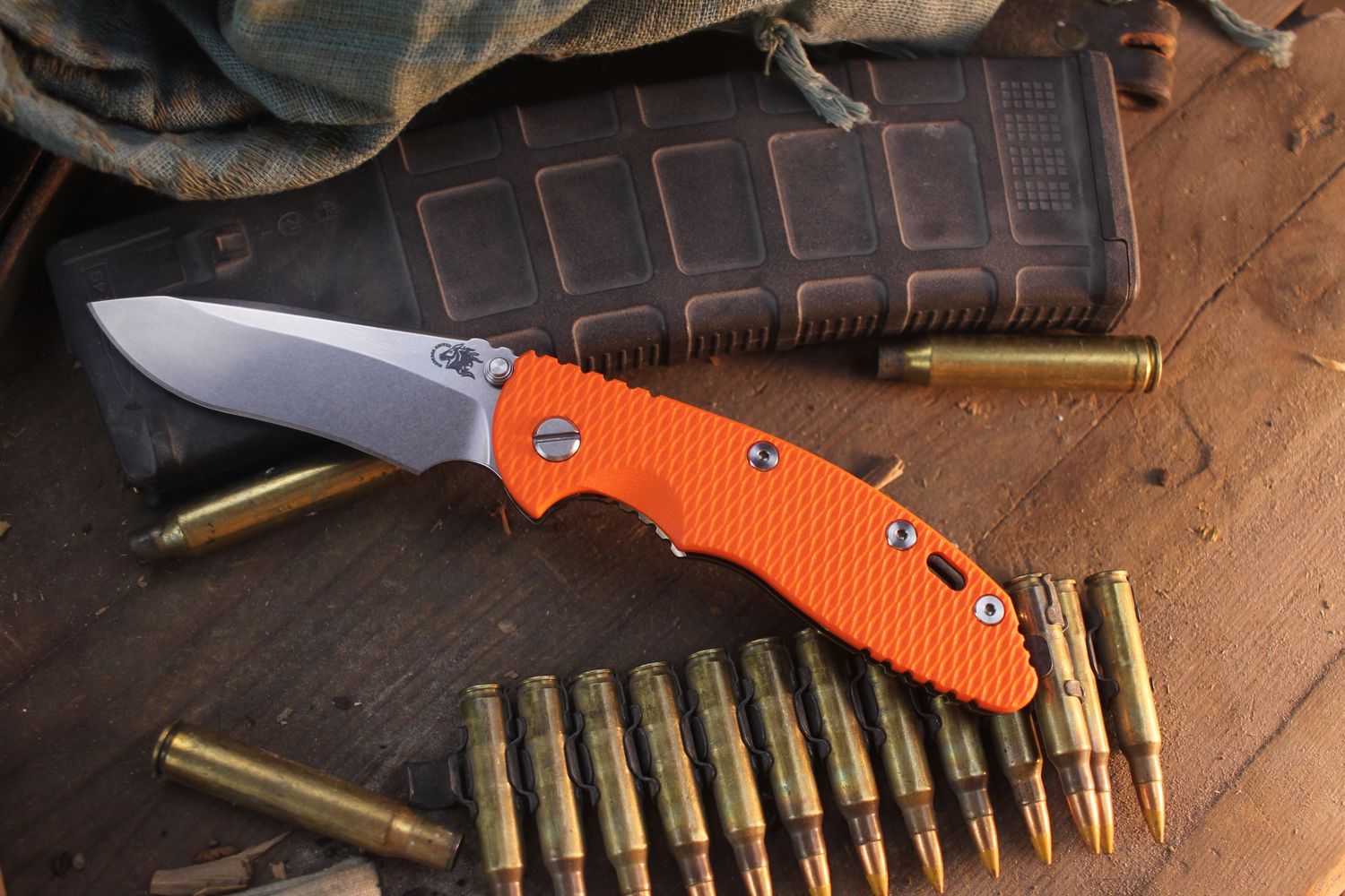 Hinderer XM-18 Recurve 3.5" Framelock Folder / Orange G-10 &amp; Stonewashed Titanium / Stonewashed MagnaCut