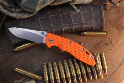 Hinderer XM-18 Recurve 3.5" Framelock Folder / Orange G-10 & Stonewashed Titanium / Stonewashed MagnaCut Hinderer XM-18 Recurve 3.5" Framelock Folder / Orange G-10 & Stonewashed Titanium / Stonewashed MagnaCut