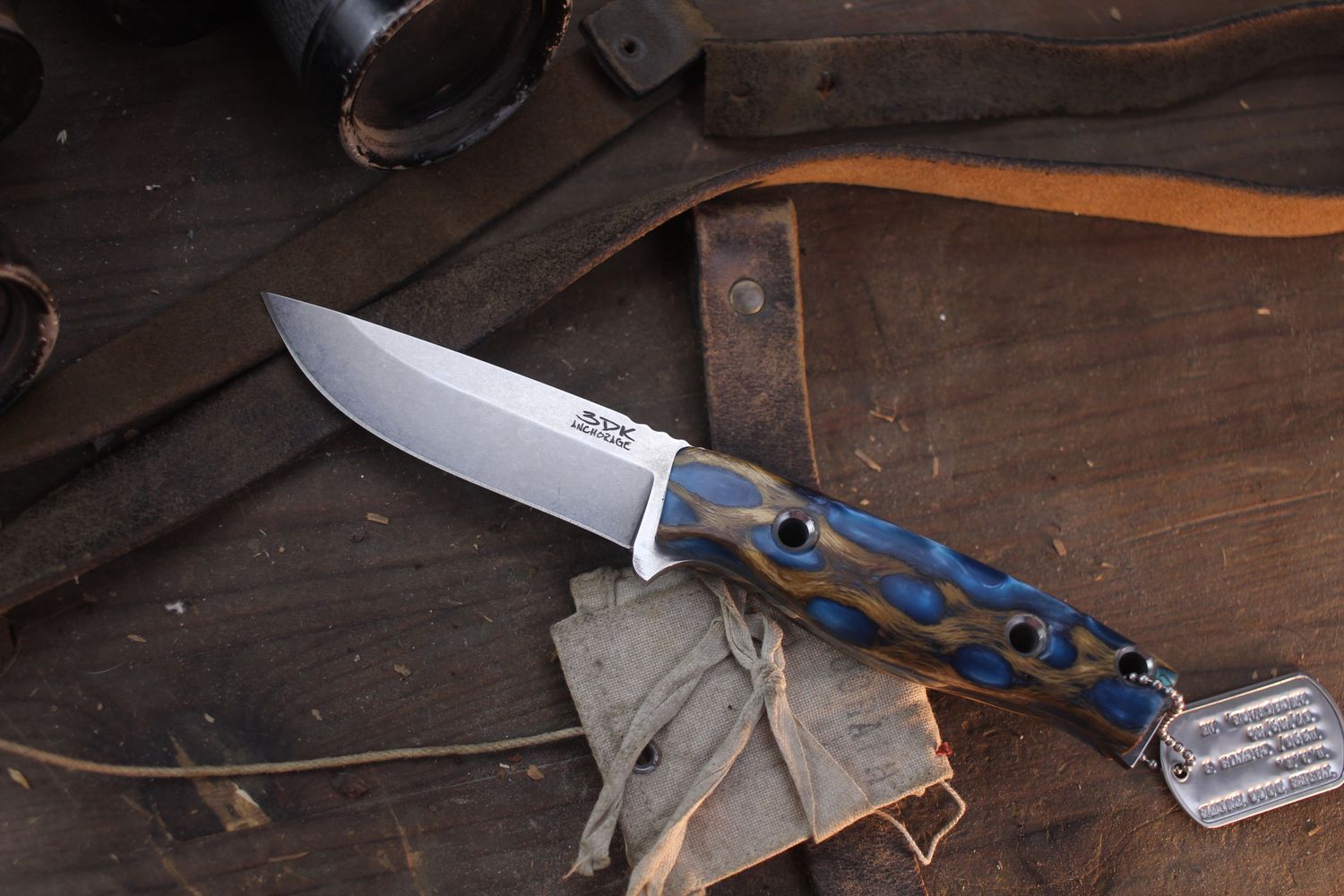 3DK MAK 4" Fixed Drop Point, M390 Blade / Cactus &amp; Blue Resin Handle