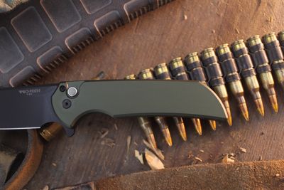 Pro-Tech Mordax 3.5" Button Lock Flipper / Green Aluminum / Black DLC MagnaCut