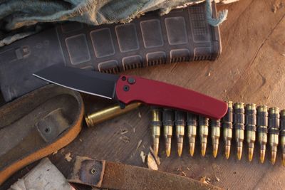 Pro-Tech  Malibu 3.3" Reverse Tanto Button Lock Flipper / Red Aluminum / Black DLC MagnaCut