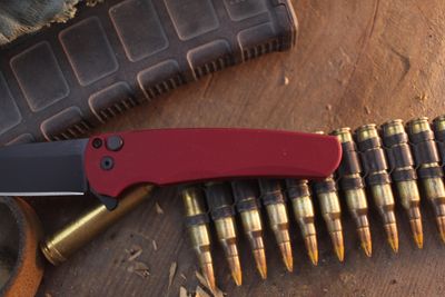 Pro-Tech  Malibu 3.3" Reverse Tanto Button Lock Flipper / Red Aluminum / Black DLC MagnaCut