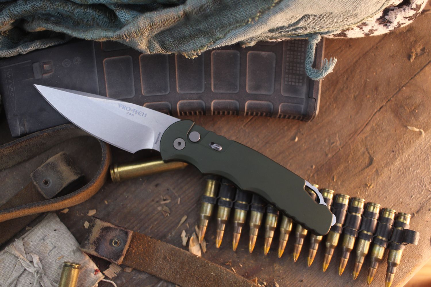 Pro-Tech TR-4 4" Auto Button Lock Folder / Green Aluminum / Stonewashed MagnaMax