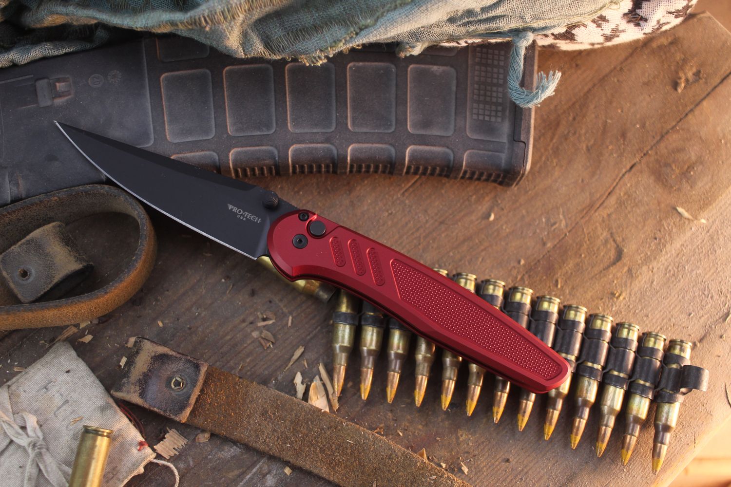 Pro-Tech Avalon 4.25" Button Lock Folder / Knurled Red Aluminum / Black DLC MagnaCut