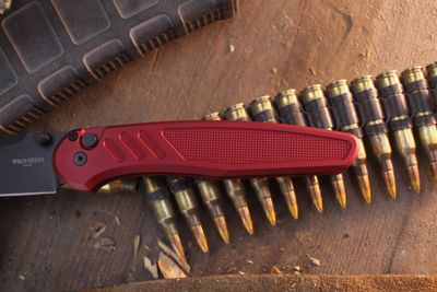 Pro-Tech Avalon 4.25" Button Lock Folder / Knurled Red Aluminum / Black DLC MagnaCut
