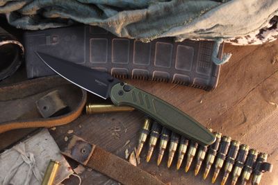 Pro-Tech Avalon 4.25" Button Lock Folder / Battle Worn Green Aluminum / Black DLC MagnaCut