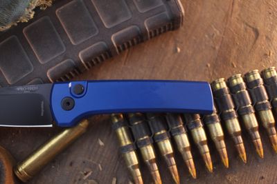 Pro-Tech + Chavez Knives Compact Scapegoat 3.2" Auto Button Lock Folder / Blue Aluminum / Black DLC MagnaMax