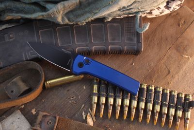 Pro-Tech + Chavez Knives Compact Scapegoat 3.2" Auto Button Lock Folder / Blue Aluminum / Black DLC MagnaMax