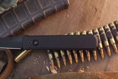 Pro-Tech Godfather Operator 4" Auto Button Lock Folder / Black Aluminum / Black Sterile 154CM ( Pre Owned )