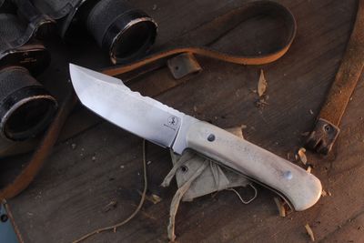 3DK Trevor Barrett Champion Series 5.25" Fixed Modified Tanto, Stonewashed 52100 / Moose Antler Handle