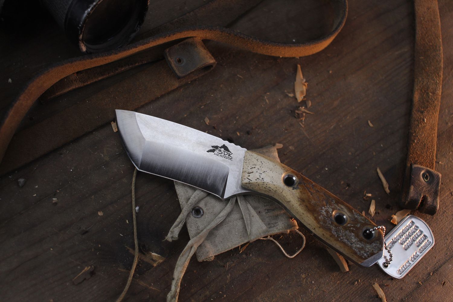 3DK Riot 3.7" Fixed Tanto Point, J.S. Scialabba Hand Ground K110 Blade / Walrus Jaw Bone Handle