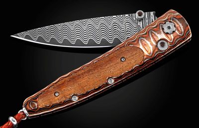 William Henry B10 HILO 2.75" Button Lock Folder / Wave Mokume Frame With Koa Wood & Smoky Quartz Button / ZDP-189 Wave Damascus