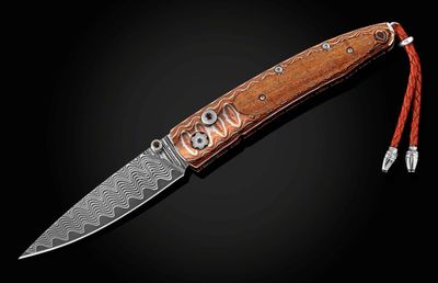 William Henry B10 HILO 2.75" Button Lock Folder / Wave Mokume Frame With Koa Wood & Smoky Quartz Button / ZDP-189 Wave Damascus