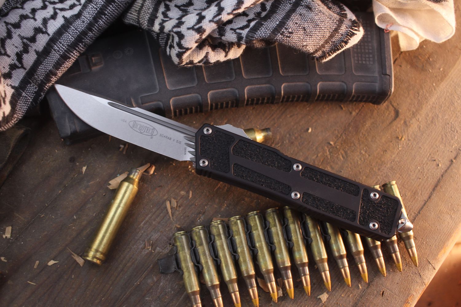 Microtech Scarab II S/E 4" OTF Auto / Black Aluminum &amp; Traction Inlays / Stonewashed M390 ( Pre Owned )