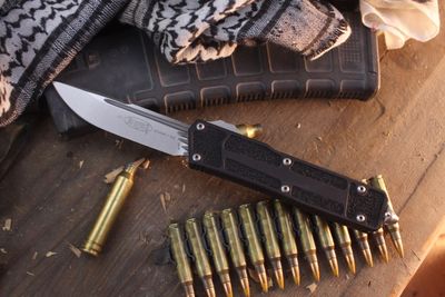 Microtech Scarab II S/E 4" OTF Auto / Black Aluminum &amp; Traction Inlays / Stonewashed M390 ( Pre Owned )