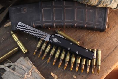 Microtech Marfione Custom 3" Auto OTF Beard Comb / Black McCoy Beard Oil Aluminum / Stonewashed ( Pre Owned )