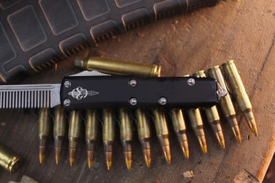 Microtech Marfione Custom 3" Auto OTF Beard Comb / Black McCoy Beard Oil Aluminum / Stonewashed ( Pre Owned )