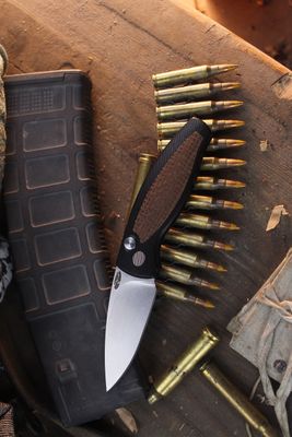 T.R.M. Pit Bull 3" Button Lock Auto Folder / Black Aluminum &amp; Burlap Micarta Inlay / Stonewashed MagnaCut ( Pre Owned )