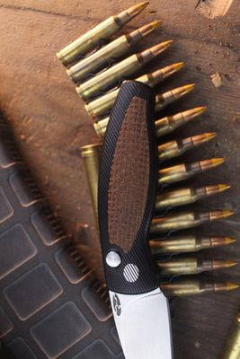 T.R.M. Pit Bull 3" Button Lock Auto Folder / Black Aluminum &amp; Burlap Micarta Inlay / Stonewashed MagnaCut ( Pre Owned )