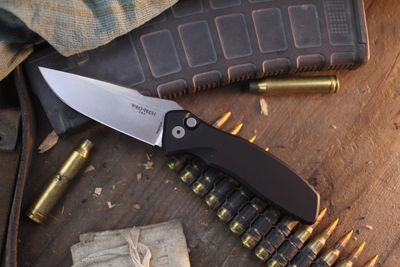 Pro-Tech Spartan Blade Pallas 3.5" Button Lock Auto Folder / Black Aluminum / Stonewashed MagnaCut