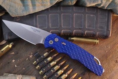 Pro-Tech TR-4 4" Button Lock AUTO Folder / Feather Milled Blue Aluminum / Stonewashed MagnaMax