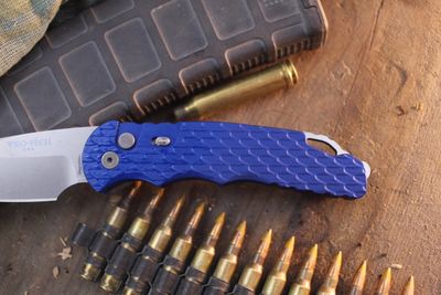 Pro-Tech TR-4 4" Button Lock AUTO Folder / Feather Milled Blue Aluminum / Stonewashed MagnaMax