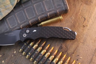 Pro-Tech TR-4 4" Button Lock AUTO Folder / Feather Milled Black Aluminum / Black DLC MagnaMax