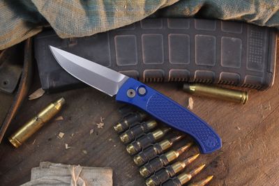 Pro-Tech Brend 3.1" Button Lock Auto Folder / Diamond Textured Blue Aluminum / Stonewashed MagnaCut