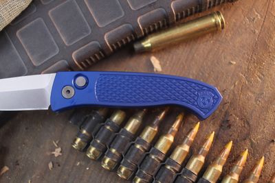 Pro-Tech Brend 3.1" Button Lock Auto Folder / Diamond Textured Blue Aluminum / Stonewashed MagnaCut