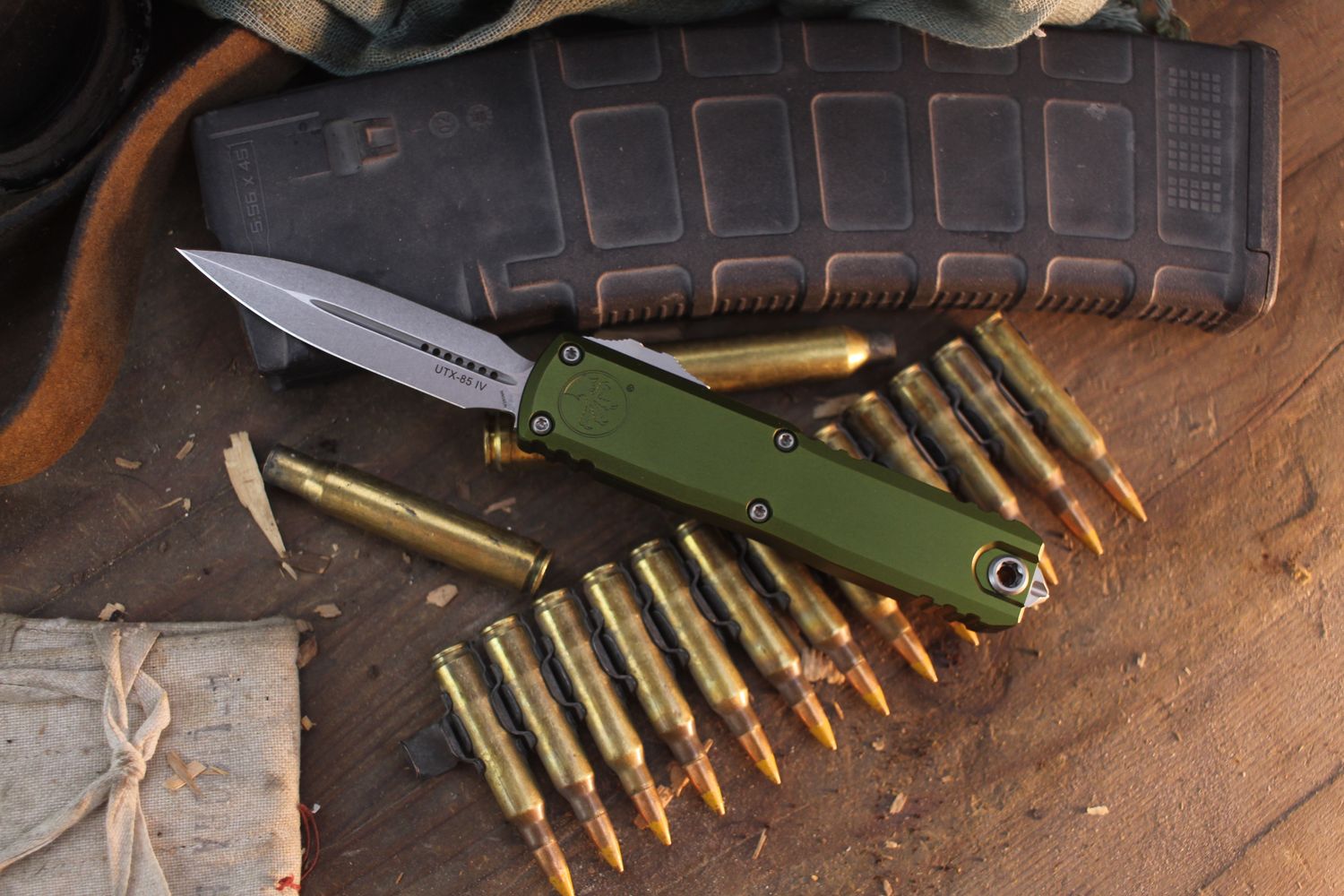 Microtech UTX-85 Gen IV D/E 3" OTF Auto / OD Green Aluminum / Stonewashed M390MK