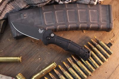 Benchmade Mini Claymore 3" Button Lock Auto Folder / Black Grivory / Cobalt Cerakote 154CM