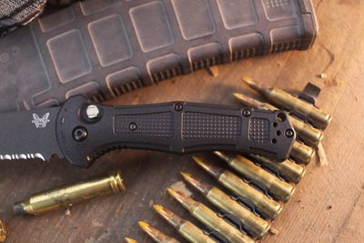 Benchmade Claymore 3.6" Button Lock Auto Folder / Black Grivory / Cobalt Cerakote Serrated 154CM