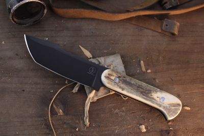 3DK Trevor Barrett Champion Series 5.25" Fixed Modified Tanto, Black Cerakote 52100 / Elk Antler Handle