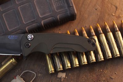 Medford Knife &amp; Tool (MKT) Smooth Criminal 3” Button Lock Flipper / OD Green Aluminum / Black PVD S35VN ( Pre Owned )