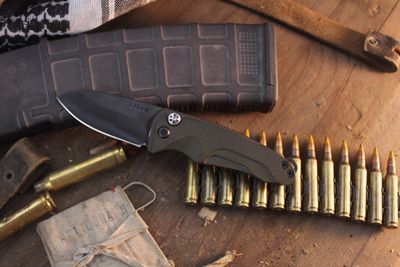 Medford Knife &amp; Tool (MKT) Smooth Criminal 3” Button Lock Flipper / OD Green Aluminum / Black PVD S35VN ( Pre Owned )