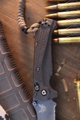 Benchmade Mini Adira 3.2" AXIS Lock Folder / Tempest Gray Grivory / Blue Cerakote Partially Serrated MagnaCut ( Pre Owned )