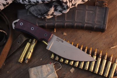 Falcon Knives Jump Master 4.5” Fixed Blade Combat Knife / Maroon Micarta & Blue G-10 Liners / Gray CPM-3V
