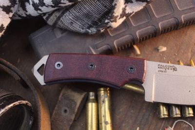 Falcon Knives Jump Master 4.5” Fixed Blade Combat Knife / Maroon Micarta & Blue G-10 Liners / Gray CPM-3V