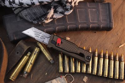 Reate EXO-U 2.3" Utility Gravity OTF / Frag Pattern Bronzed Aluminum / Stainless Box Cutter ( Pre Owned )