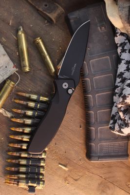Pro-Tech Spartan Blade Pallas 3.5" Button Lock Auto Folder / Black Aluminum / Black DLC MagnaCut