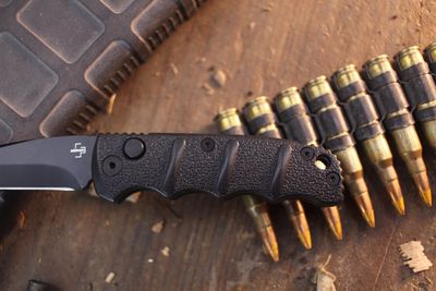 Boker Plus Kals Mini Tanto 2.52 Button Lock Auto Folder / Indexed Black Aluminum / Black D2